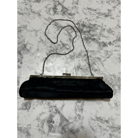 Cache Convertible Black Satin Clutch Bag S Silver Chain Evening Shoulder Purse - Picture 4 of 12